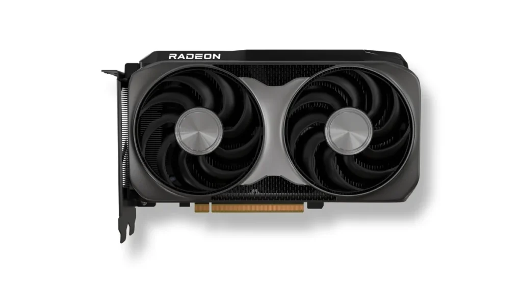 Produktová fotografia grafickej karty AMD Radeon RX 9060 XT 140W s dvojslotovým chladením a minimalistickým dizajnom.