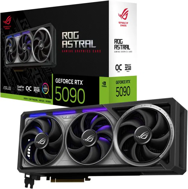 Pohľad na grafickú kartu ASUS ROG Astral RTX 5090 a jej balenie