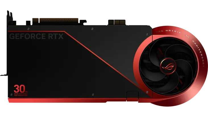 Zadný pohľad na masívnu grafickú kartu ASUS ROG Matrix Platinum RTX 5090