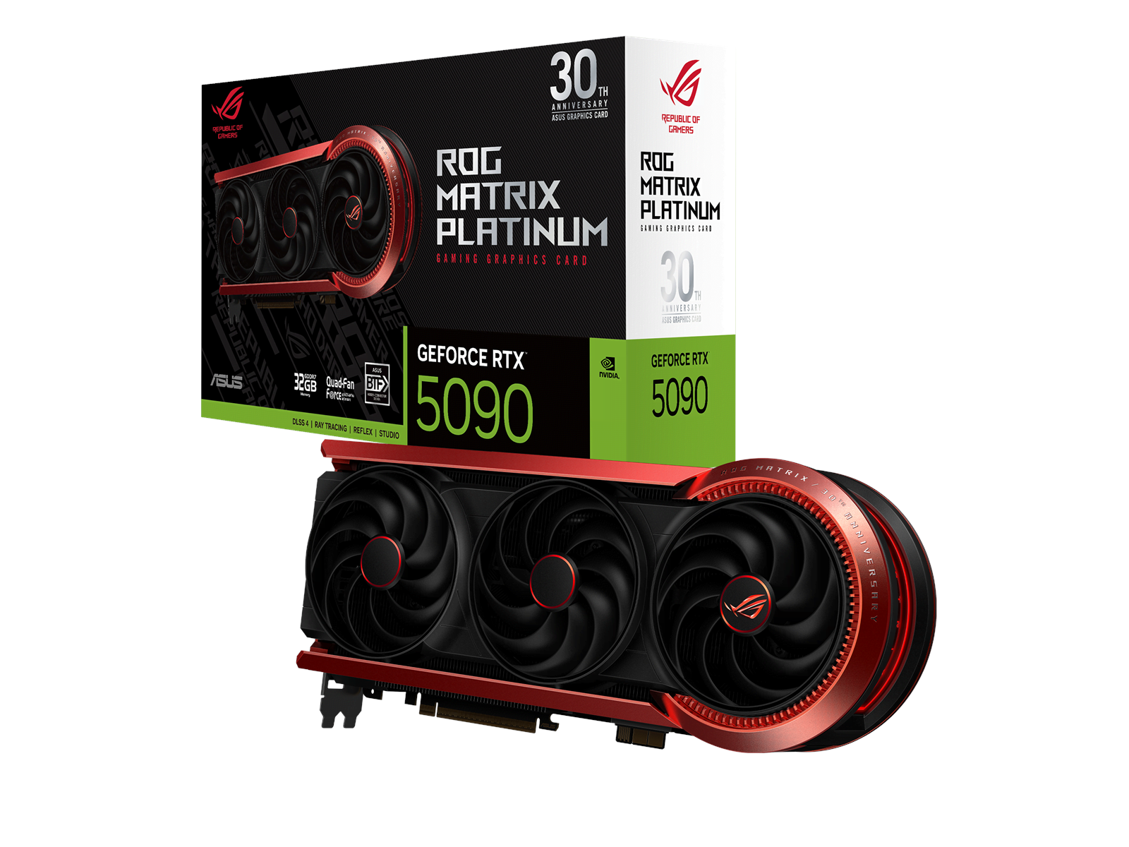 Pohľad na grafickú kartu ASUS ROG Matrix Platinum RTX 5090 a jej balenie