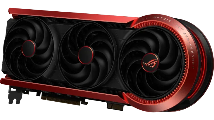 Predný pohľad na masívnu grafickú kartu ASUS ROG Matrix Platinum RTX 5090