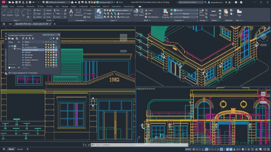 AutoCAD pracovné prostredie s technickými 2D a 3D výkresmi budovy.