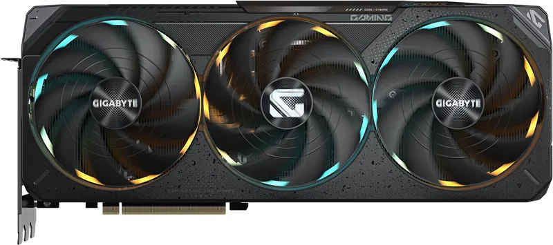 View of the GIGABYTE GeForce RTX 5080 GAMING OC 16G graphics card.