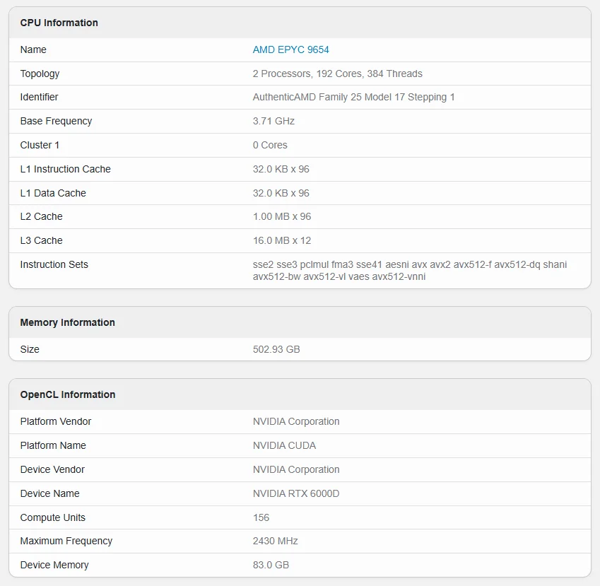 Geekbench výpis s parametrami grafickej karty NVIDIA RTX PRO 6000D vrátane 156 SM jednotiek, taktu 2430 MHz a 84 GB GDDR7.