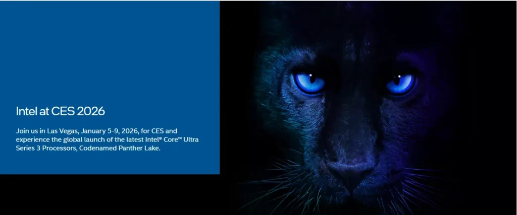 Obrázok s textovou pozvánkou na CES 2026 v Las Vegas, kde bude oficiálne predstavený Intel Panther Lake
