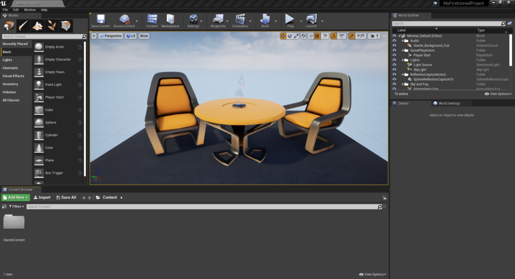 Unreal Engine editor zobrazujúci 3D scénu s dvoma kreslami a stolíkom.
