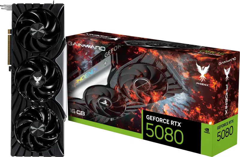 A look at the GAINWARD GeForce RTX 5080 Phoenix 16G graphics card and its packaging.