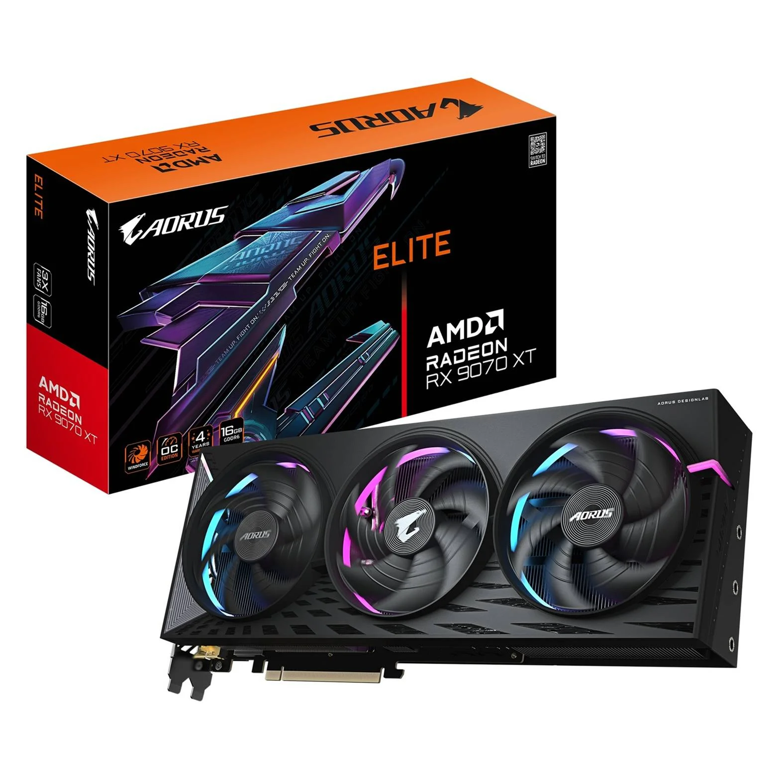 Pohľad na grafickú kartu GIGABYTE AORUS Radeon RX 9070 XT ELITE 16G spolu s balením