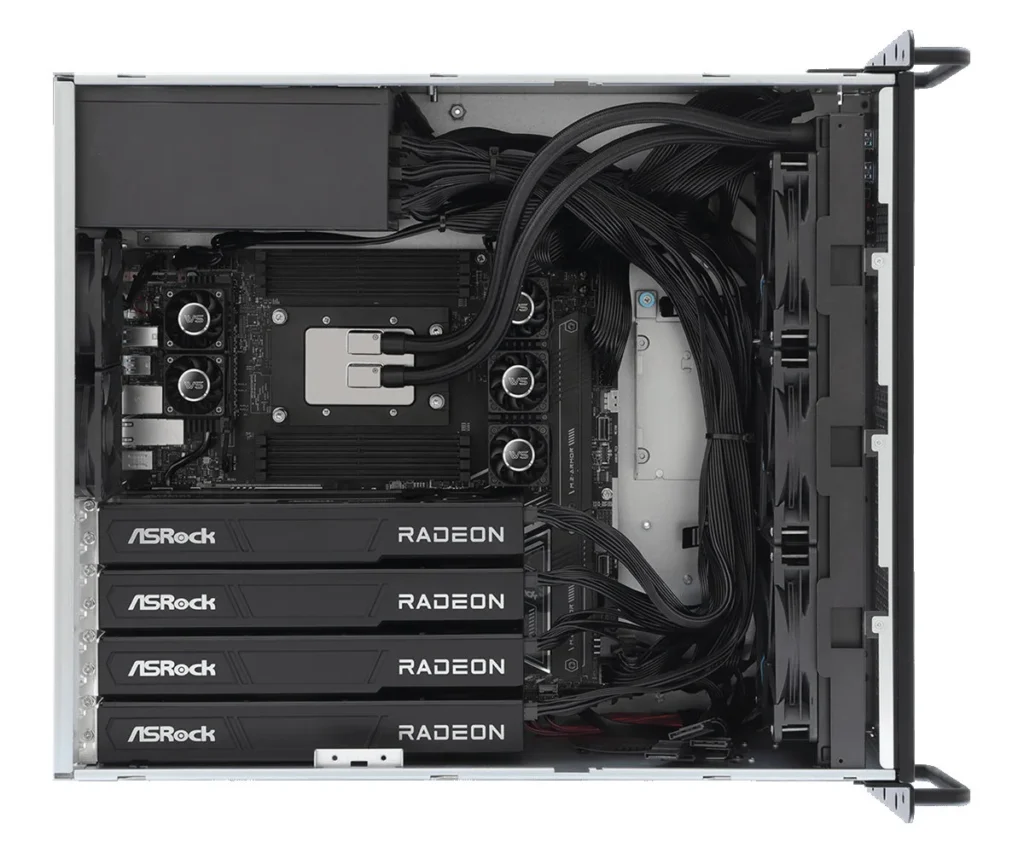 ASRock GAI4G-R9700 workstation with four Radeon AI PRO R9700 graphics cards.