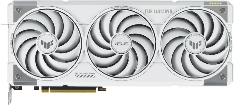A look at the ASUS TUF GeForce RTX 5070 Ti 16G OC GAMING WHITE graphics card and its cooling.