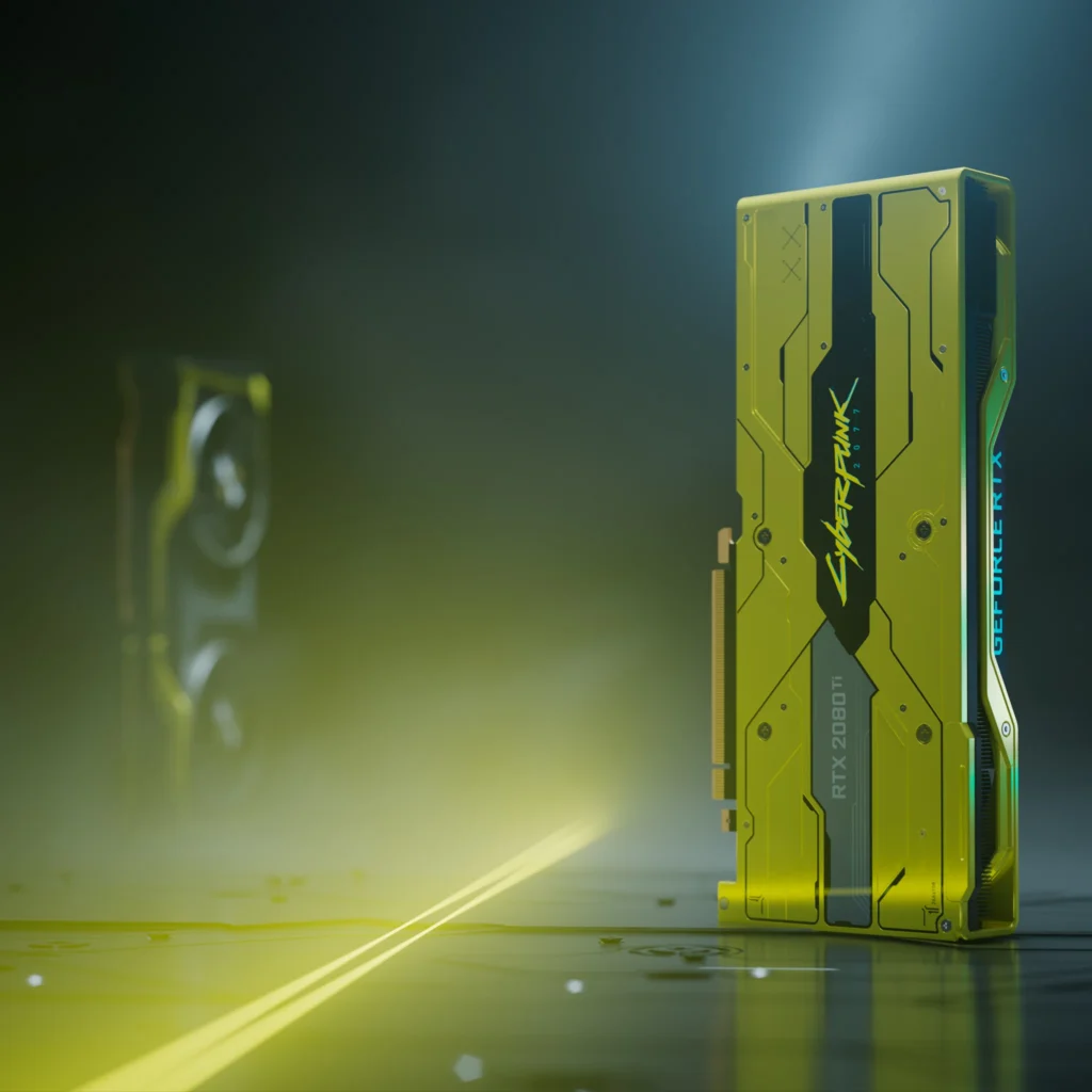 Pohled na ikonickou grafickou kartu GeForce RTX 2080 Ti Cyberpunk 2077 Edition