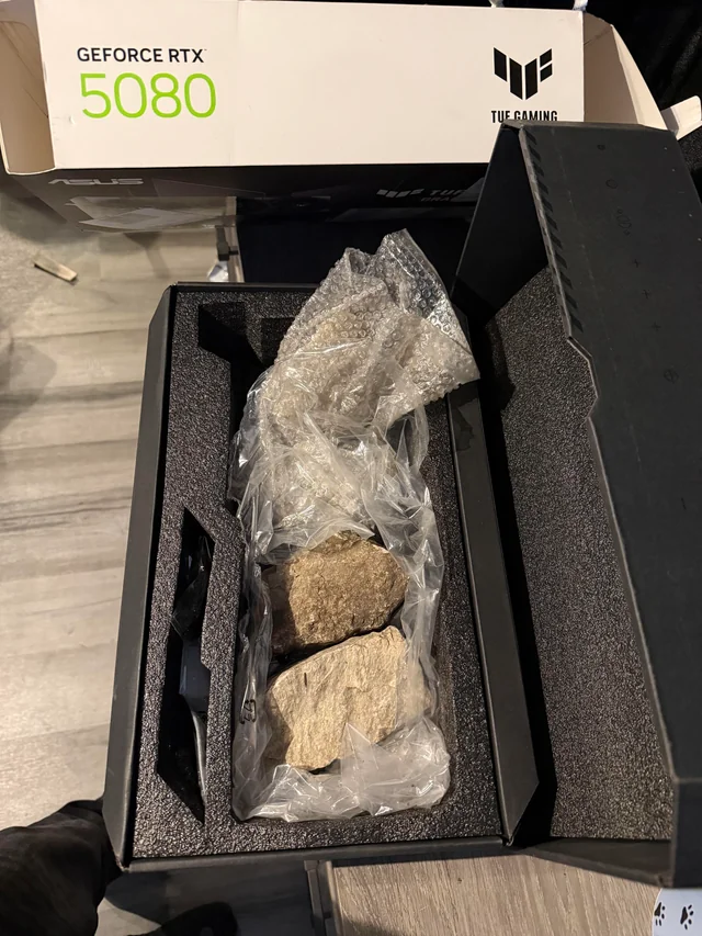 GeForce RTX 5080 – opened package containing stones instead of a graphics card