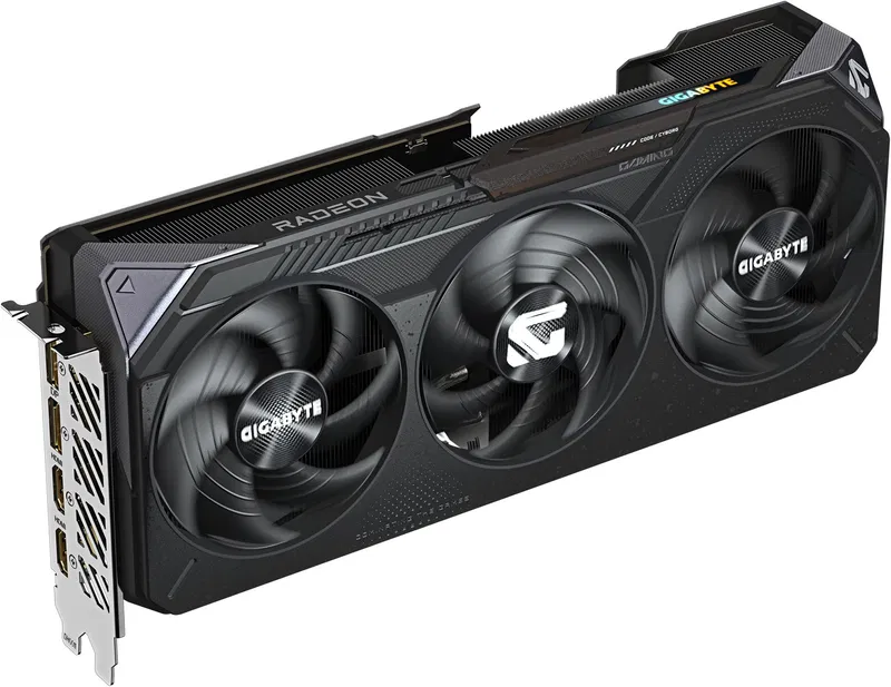 A look at the GIGABYTE Radeon RX 9070 XT GAMING OC 16G graphics card and its cooling system.