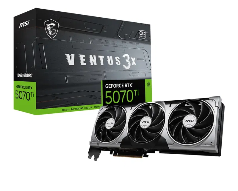 Pohľad na grafickú kartu MSI GeForce RTX 5070 Ti 16G VENTUS 3X OC spolu s jej balením