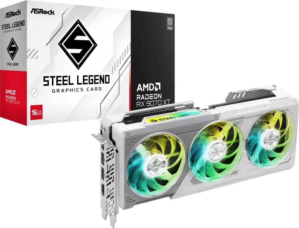 Produktový pohľad na grafickú kartu ASRock Radeon RX 9070 XT spolu s jej balením