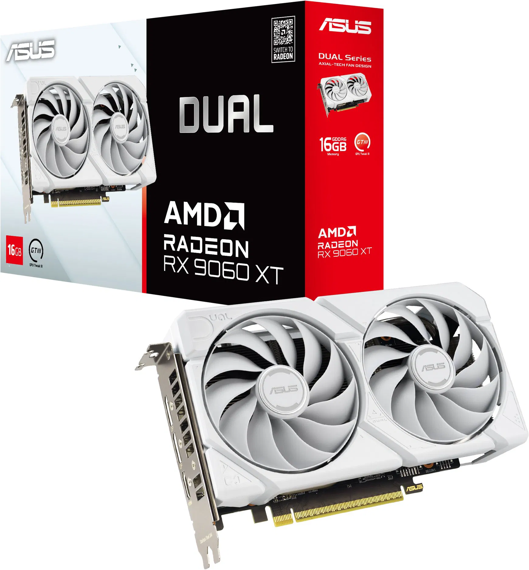 Pohľad na grafickú kartu ASUS DUAL Radeon RX 9060 XT 16G WHITE a jej balenie