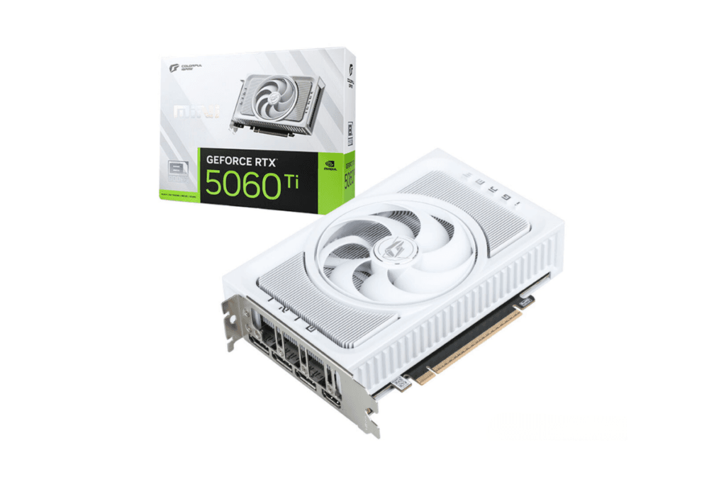 Biela ITX grafická karta Colorful iGame GeForce RTX 5060 Ti Mini W OC s krabicou.