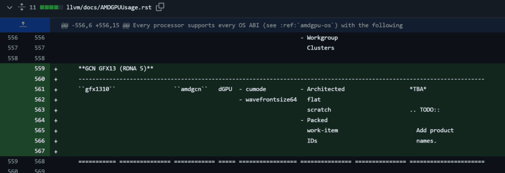 Screenshot zo zdrojového kódu LLVM dokumentácie potvrdzujúci označenie GFX13 a architektúra RDNA 5 pre nové GPU AMD.
