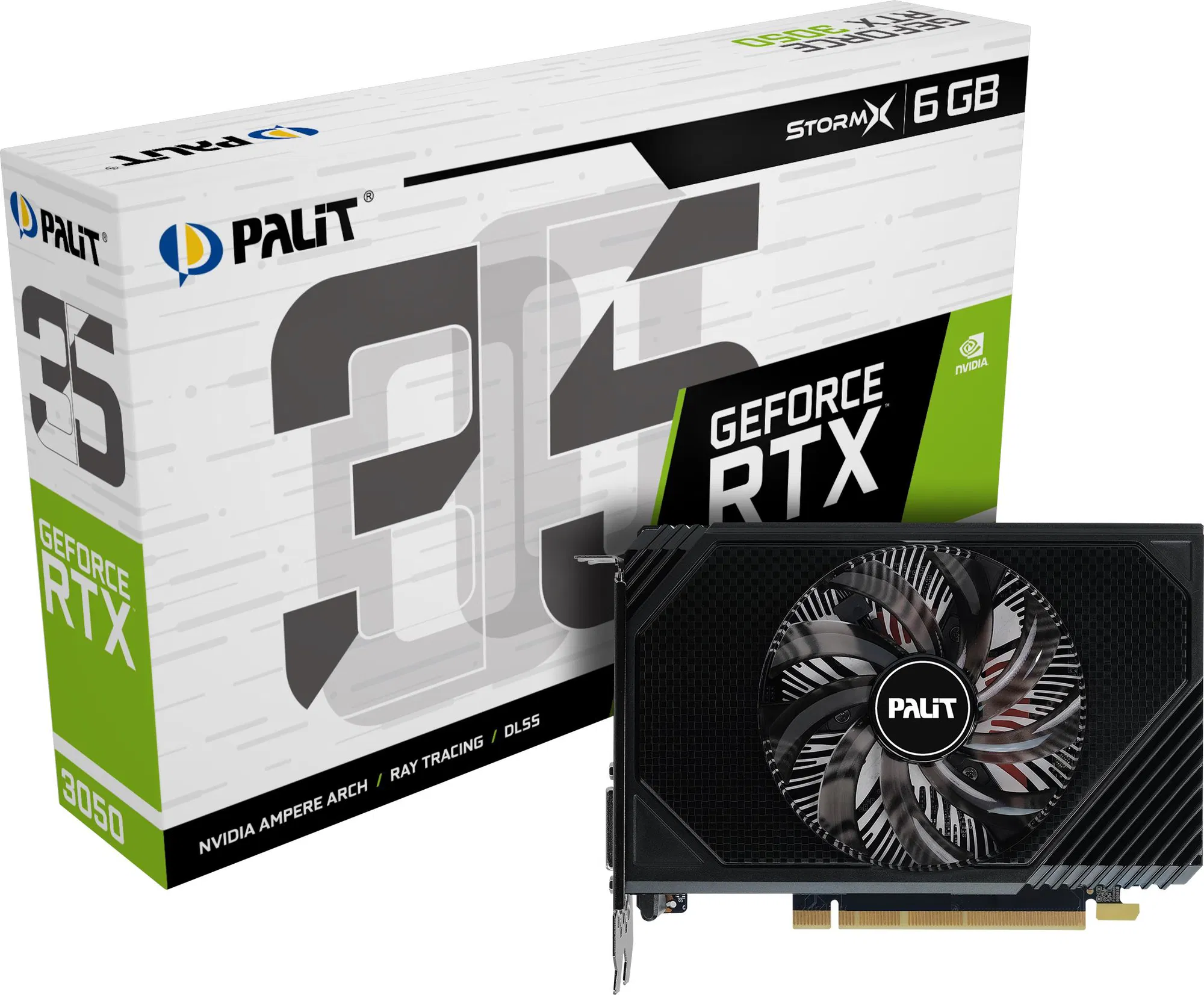 Pohľad na produkt PALIT GeForce RTX 3050 StormX 6GB GDDR6 a jeho balenie