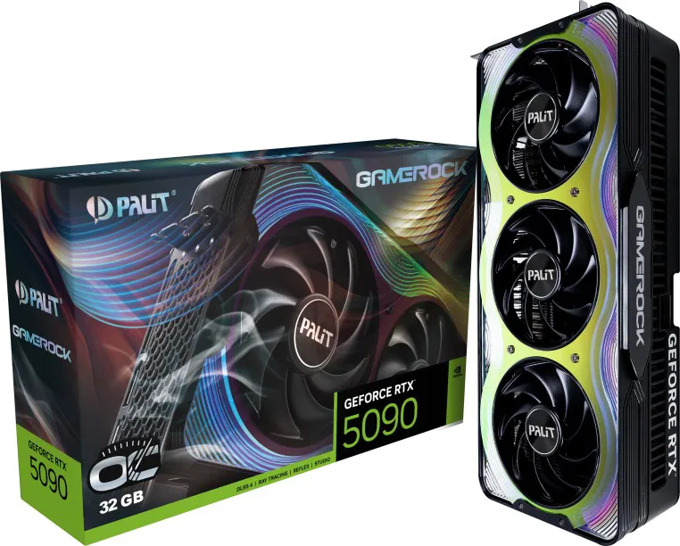 Pohľad na grafickú kartu PALIT GeForce RTX 5090 GameRock OC 32G a jej balenie
