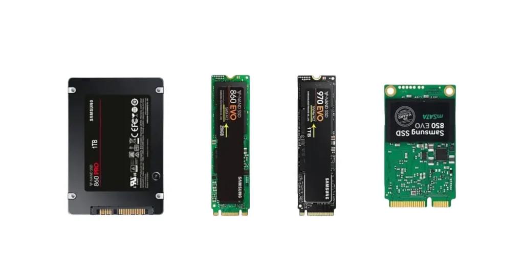 Vizuálne porovnanie fyzických formátov SSD úložísk, od klasického 2,5-palcového disku až po moderné M.2 a mSATA moduly.