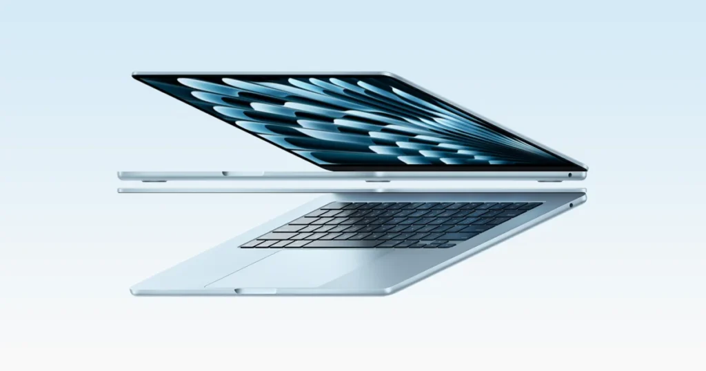 MacBook Air produktový vizuál v tenkom dizajne, otvorený notebook z bočného profilu.