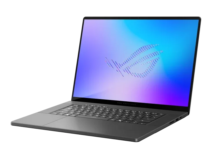 Tmavě šedý herní notebook ROG Zephyrus G16 (2026) v poloprofilu se zapnutým OLED displejem zobrazujícím logo ROG.