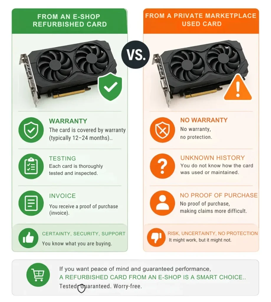 An infographic comparing a refurbished graphics card from a retailer (warranty included, professionally tested, receipt provided) with a used card from a private seller (no warranty, unknown history, no receipt).