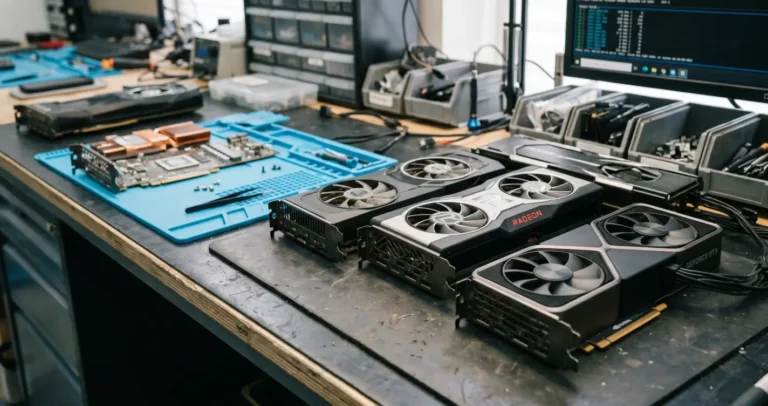 Repasované grafické karty na pracovnom stole v servise, viacero GPU (NVIDIA a AMD), rozobraté komponenty, chladiče a náradie počas čistenia a testovania.