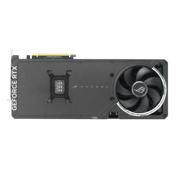 Pohľad na grafickú kartu Asus ROG Astral GeForce RTX 5080 16GB OC zozadu Pohľad na grafickú kartu Asus ROG Astral GeForce RTX 5080 16GB OC zozadu