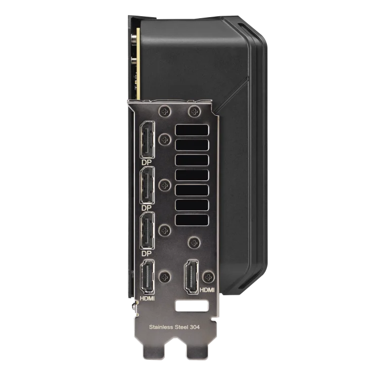 Pohľad na grafickú kartu Asus ROG Strix GeForce RTX 5070 12GB OC Edition a porty