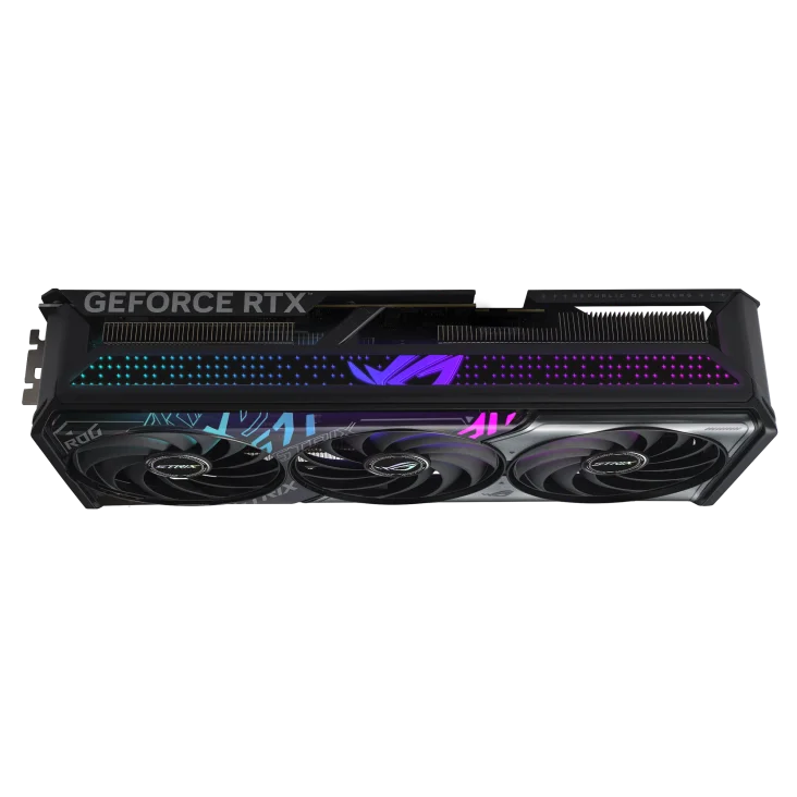 Pohľad na grafickú kartu Asus ROG Strix GeForce RTX 5070 12GB OC Edition zhora