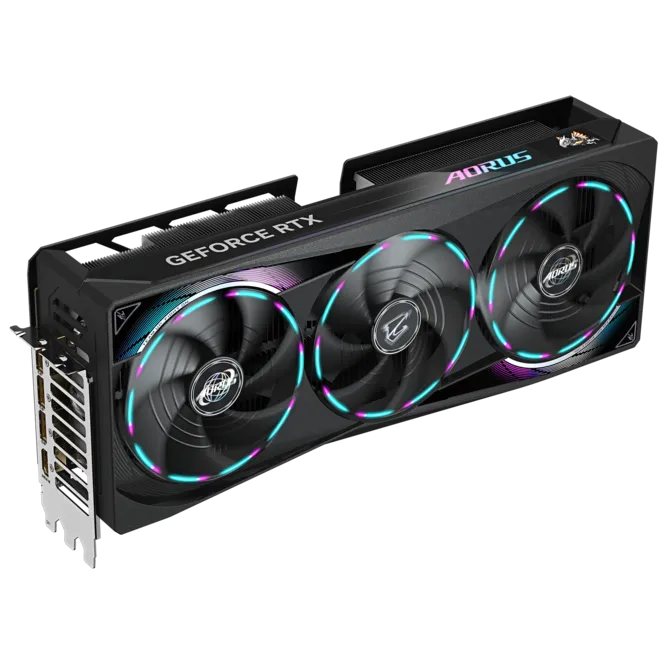 Šikmý pohľad na grafickú kartu Gigabyte AORUS GeForce RTX 5080 MASTER 16GB
