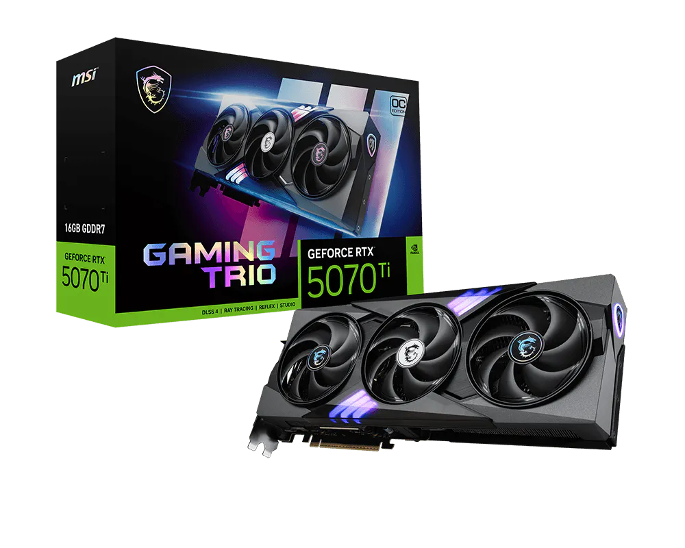 Pohľad na grafickú kartu MSI GeForce RTX 5070 Ti 16G GAMING TRIO OC s balením