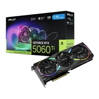 Pohľad na grafickú kartu PNY GeForce RTX 5060 Ti 16GB EPIC-X RGB Overclocked s balením