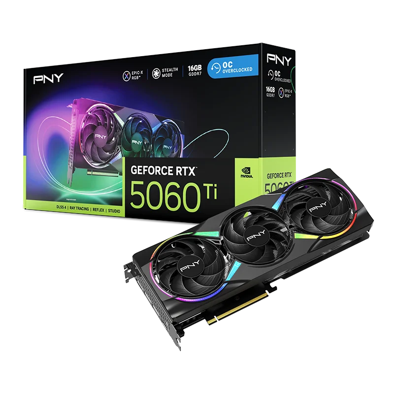 Pohľad na grafickú kartu PNY GeForce RTX 5060 Ti 16GB EPIC-X RGB Overclocked s balením