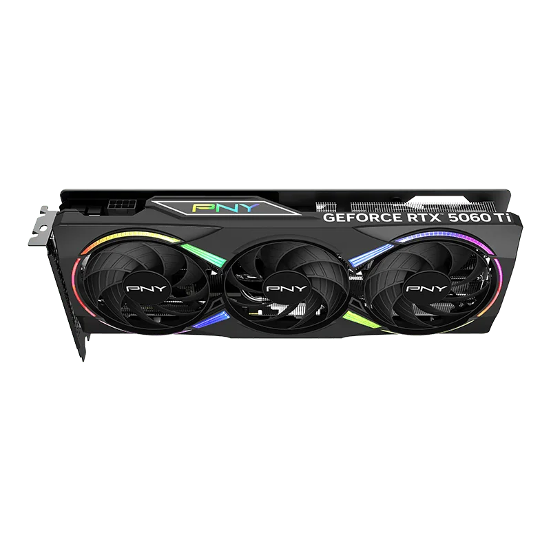 Pohľad na grafickú kartu PNY GeForce RTX 5060 Ti 16GB EPIC-X RGB Overclocked zhora
