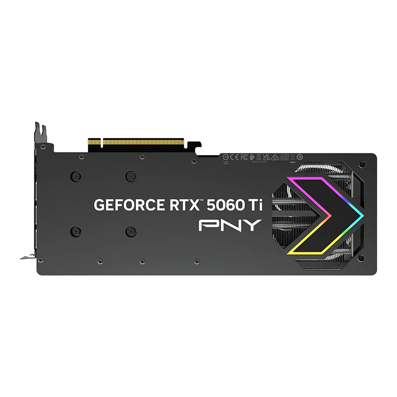 Pohľad na grafickú kartu PNY GeForce RTX 5060 Ti 16GB EPIC-X RGB Overclocked zozadu