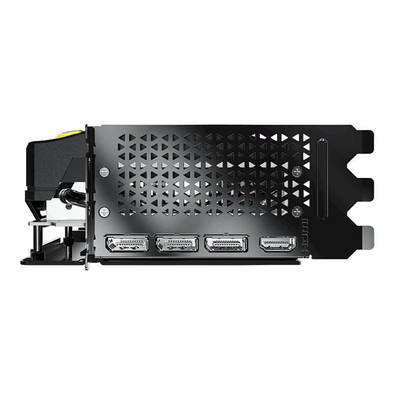 Pohľad na grafickú kartu PNY GeForce RTX 5080 Overclocked Triple Fan a porty Pohľad na grafickú kartu PNY GeForce RTX 5080 Overclocked Triple Fan a porty