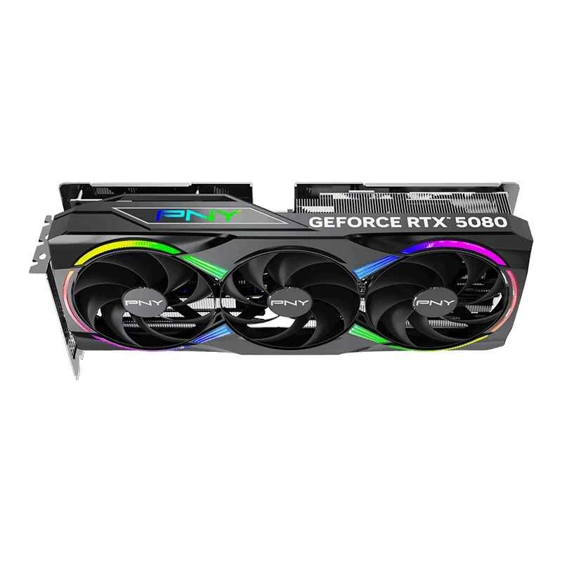 Pohľad na grafickú kartu PNY GeForce RTX 5080 Overclocked Triple Fan zhora Pohľad na grafickú kartu PNY GeForce RTX 5080 Overclocked Triple Fan zhora