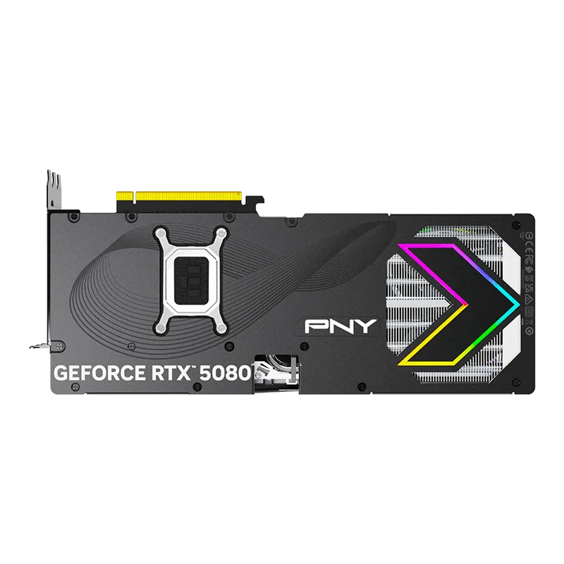 Pohľad na grafickú kartu PNY GeForce RTX 5080 Overclocked Triple Fan zozadu Pohľad na grafickú kartu PNY GeForce RTX 5080 Overclocked Triple Fan zozadu