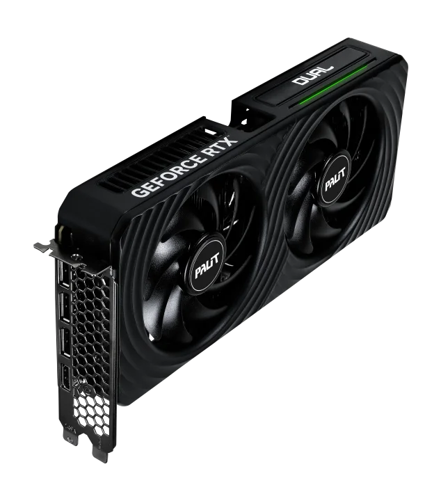 Pohľad na grafickú kartu Palit GeForce RTX 5060 Ti Dual 8GB zboku