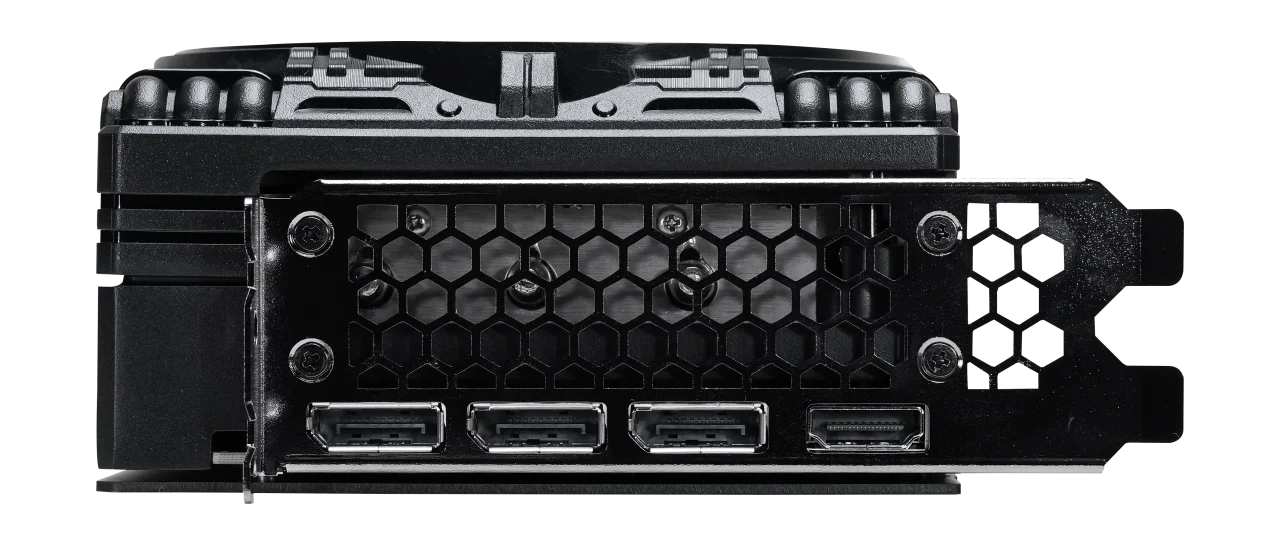 Pohľad na grafickú kartu Palit GeForce RTX 5080 GamingPro a porty Pohľad na grafickú kartu Palit GeForce RTX 5080 GamingPro a porty
