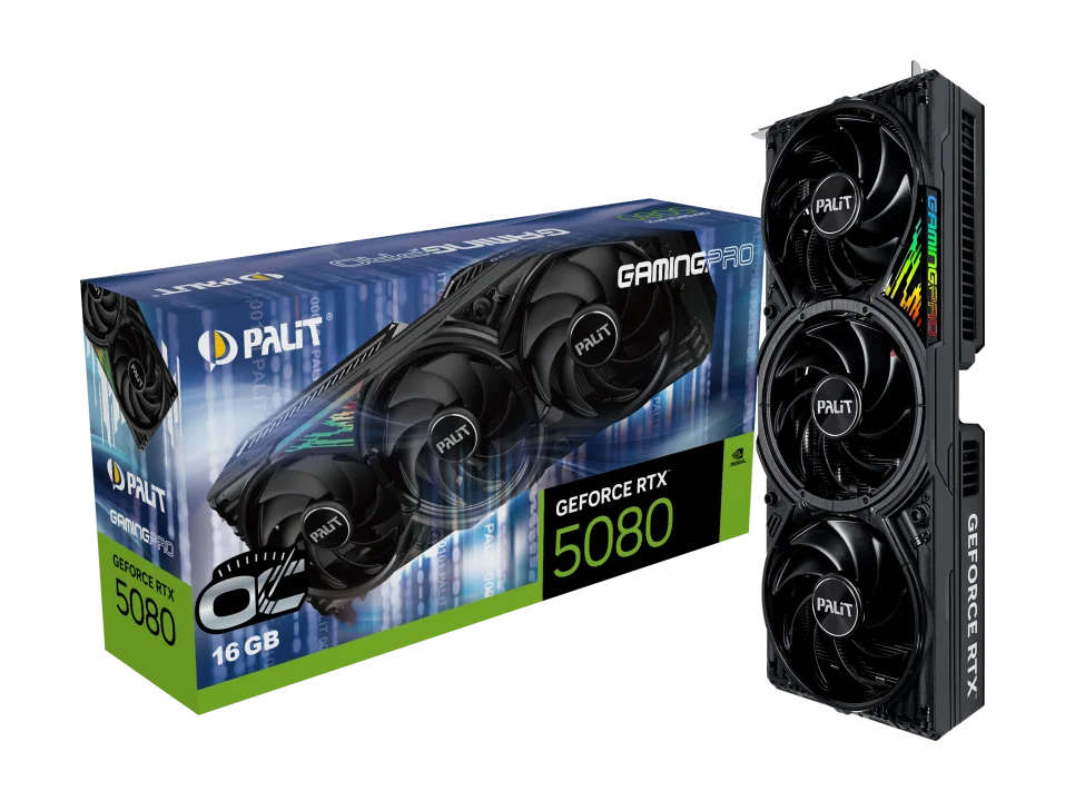 Pohľad na grafickú kartu Palit GeForce RTX 5080 GamingPro s balením Pohľad na grafickú kartu Palit GeForce RTX 5080 GamingPro s balením