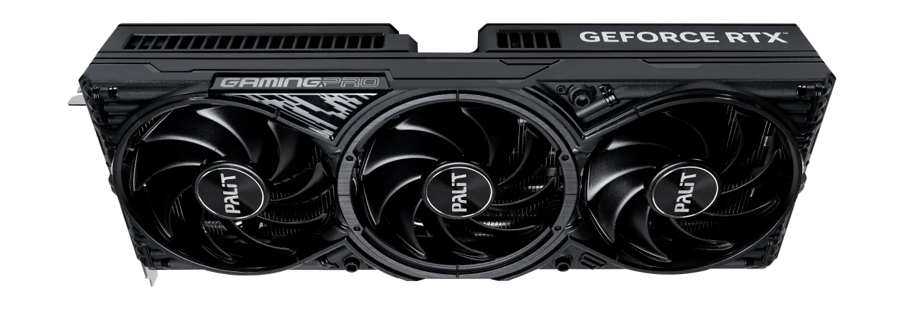 Pohľad na grafickú kartu Palit GeForce RTX 5080 GamingPro zhora Pohľad na grafickú kartu Palit GeForce RTX 5080 GamingPro zhora