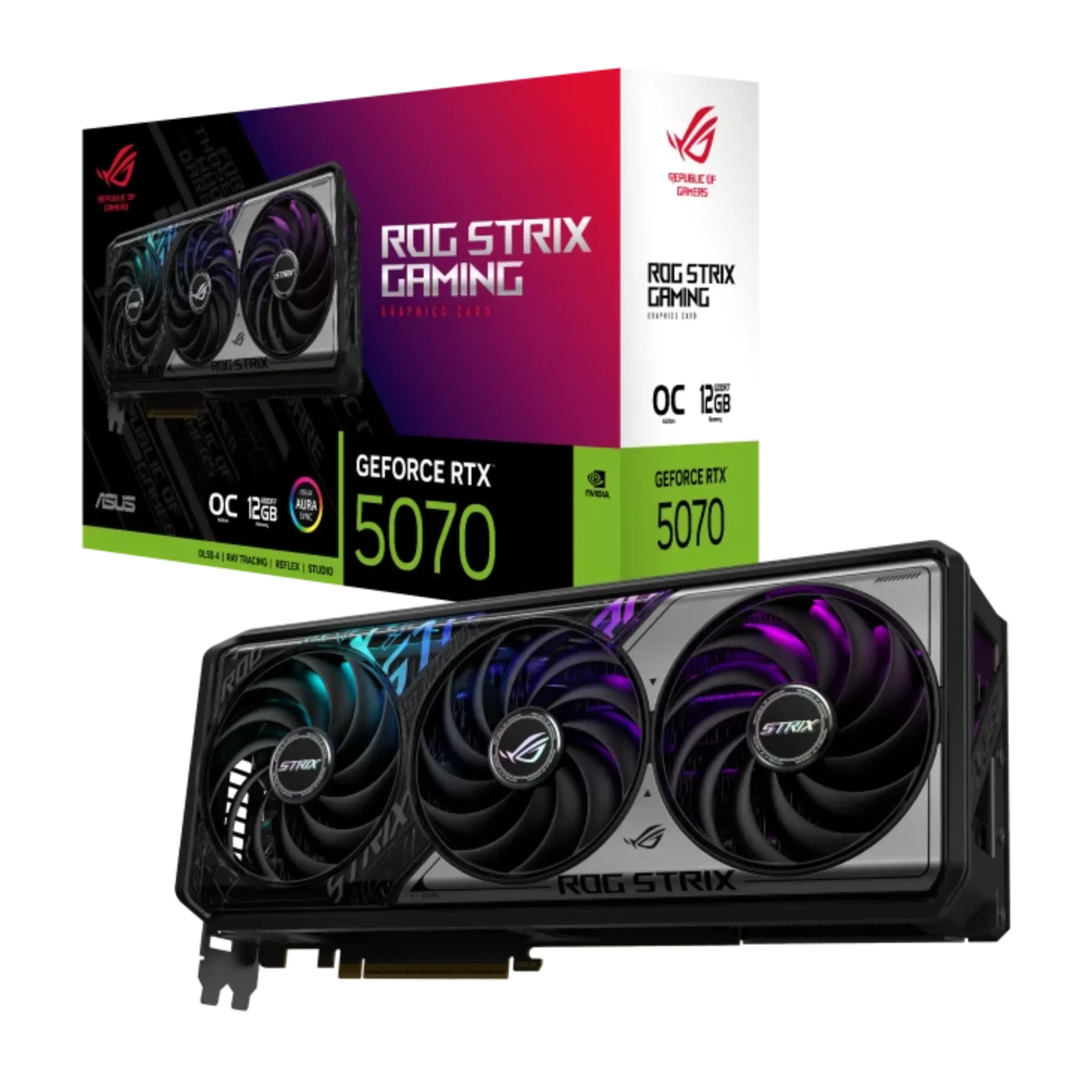 Grafická karta Asus ROG Strix GeForce RTX 5070 12GB OC Edition spolu s balením