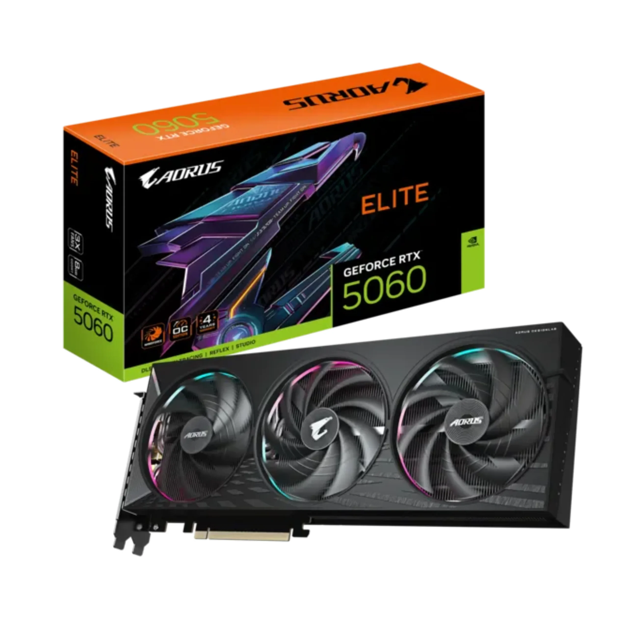 Grafická karta Gigabyte AORUS GeForce RTX 5060 ELITE 8G spolu s jej balením Grafická karta Gigabyte AORUS GeForce RTX 5060 ELITE 8G spolu s jej balením