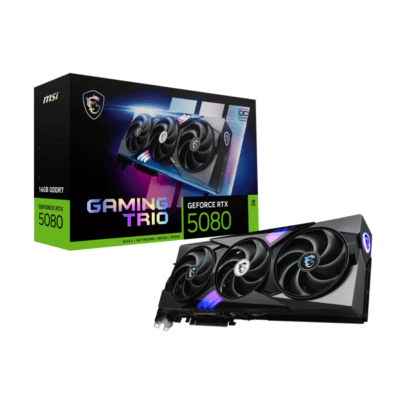 Grafická karta Pohľad na prierez grafickej karty MSI GeForce RTX 5080 16G GAMING TRIO OC spolu s balením