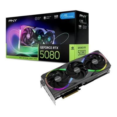 Grafická karta PNY GeForce RTX 5080 Overclocked Triple Fan spolu s jej balením
